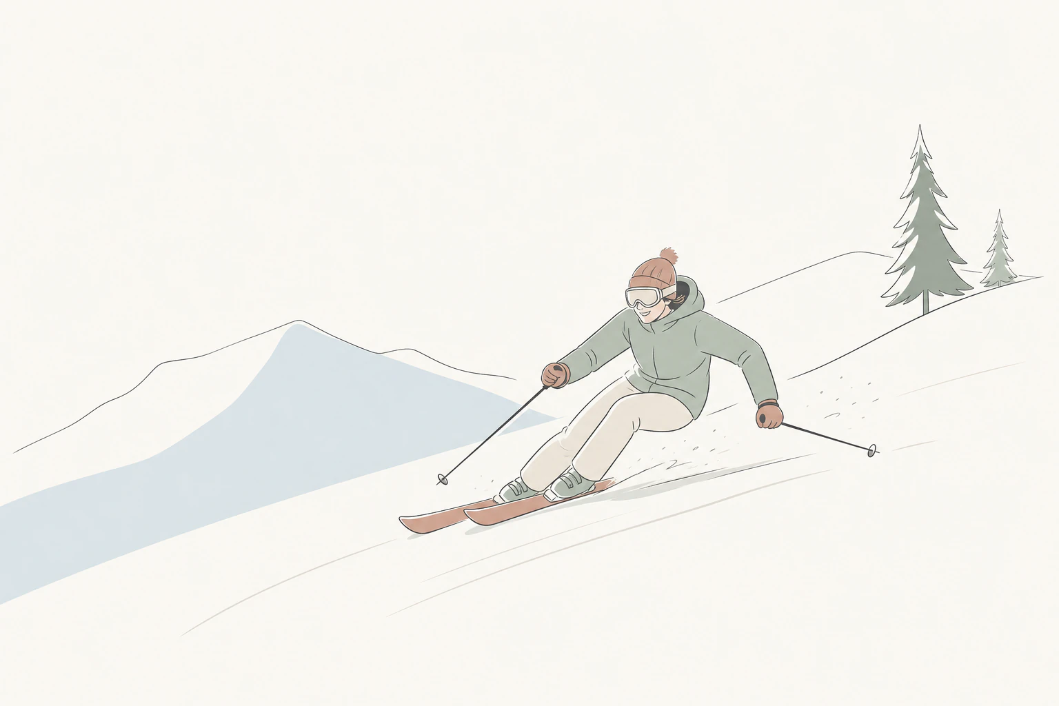 白馬の雪山を楽しそうに滑るスキーヤーのイラスト